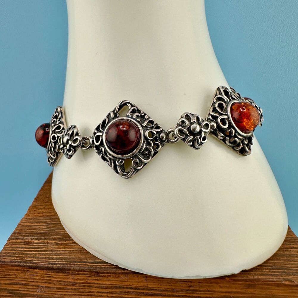 Vintage Sterling Silver Amber Bracelet Diamond Shape Filigree Floral Link Signed - Picture 15 of 16